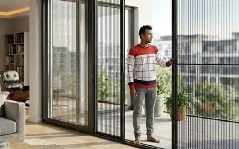 Pleated mosquito net on a large sliding balcony door
