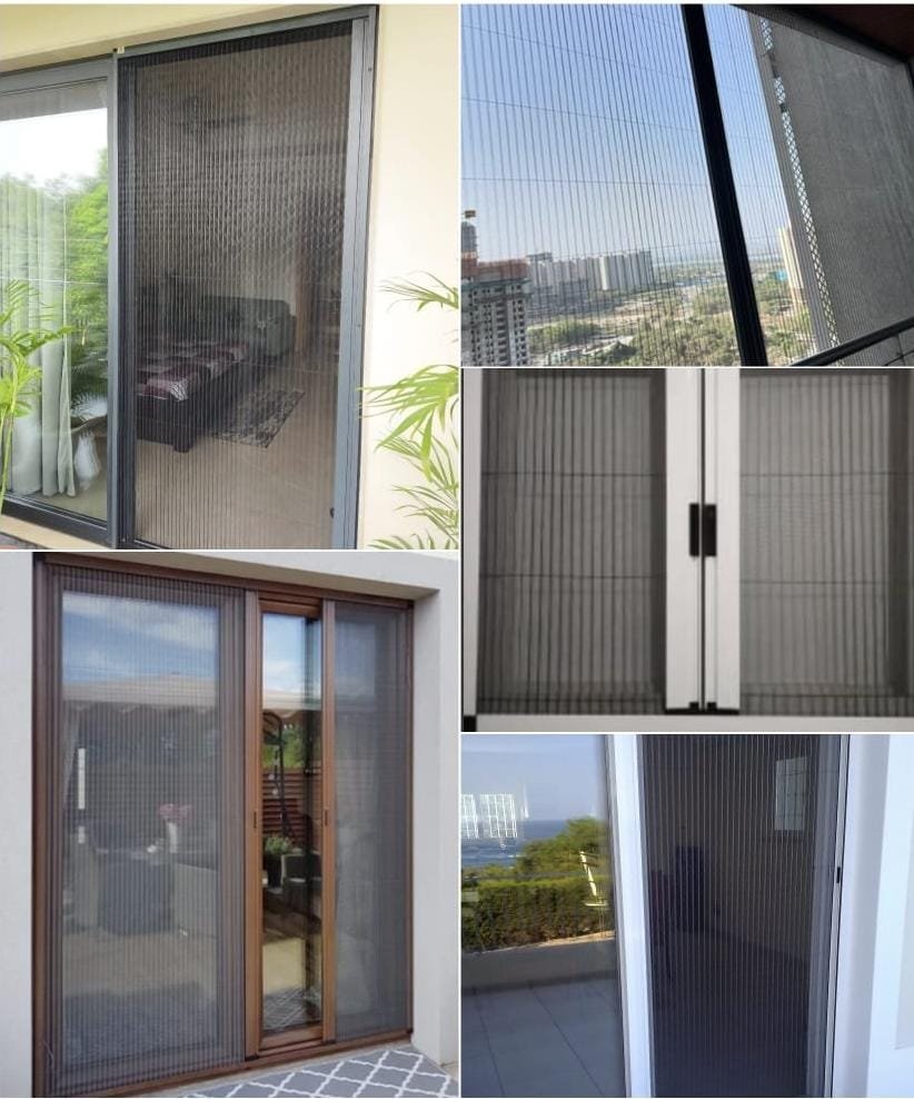Collage of pleated mosquito net installations on doors and windows